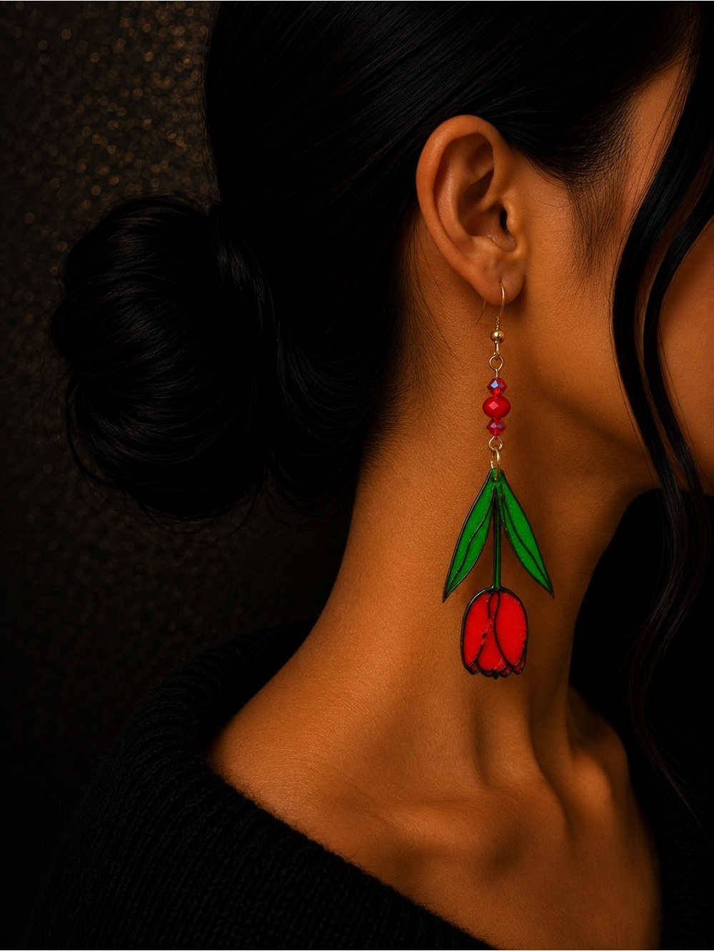 Ruby Red Tulip Dangle Earrings Printed Floral Earrings | Spring Garden Jewelry - Picture 3 of 4